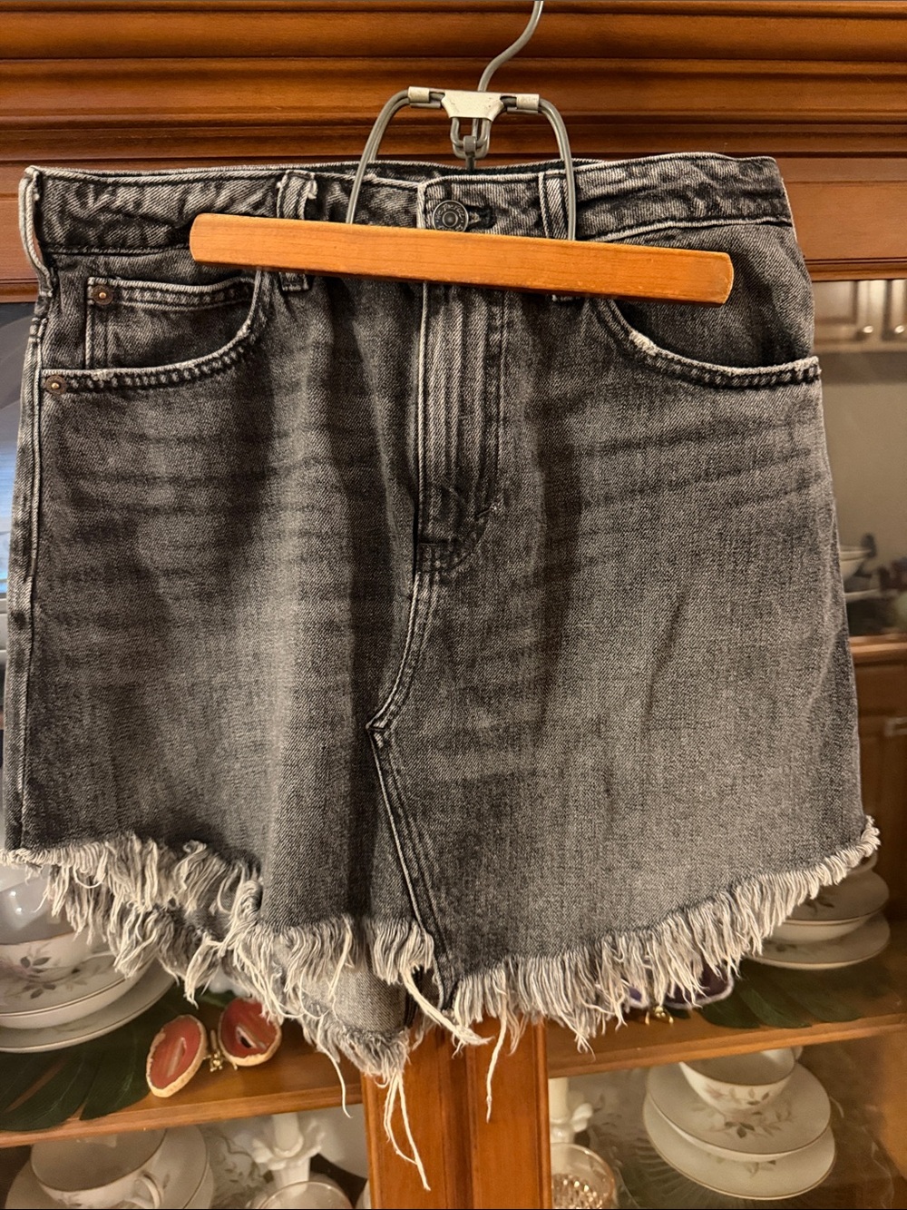 We The Free Black Wash Asymmetrical Frayed Denim Skirt